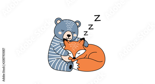 Cute cartoon bear wearing a striped sweater gently hugs a sleeping little red fox in a heartwarming illustration.