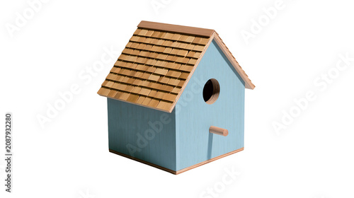 Schilderij op canvas Light blue wooden birdhouse with shingled roof and perch, isolated on transparen