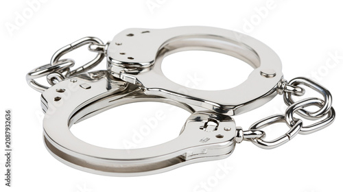 Obraz na plátně Shiny metal handcuffs with connecting chain, isolated on transparent background