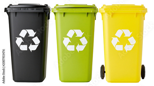 Three colorful recycling bins with white recycle symbols, isolated on transparent background