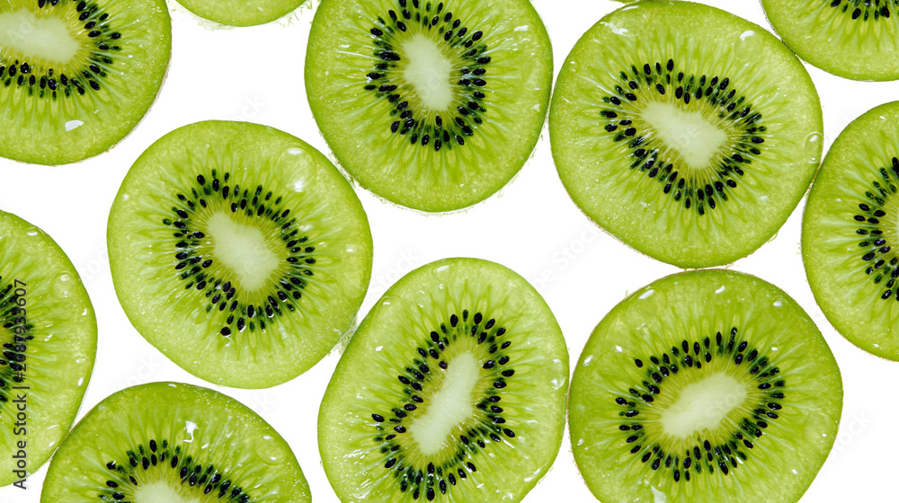 Fototapeta premium Bright green kiwi slices with black seeds, isolated on transparent background