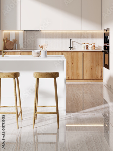 Tableau sur toile A sleek modern kitchen with white cabinetry and wooden stools, highlighting a minimalist and stylish interior aesthetic