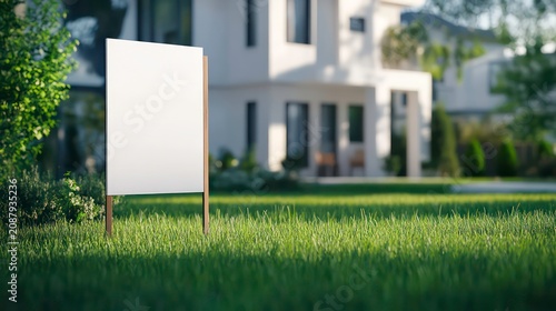 Blank yard sign stands in grassy yard in front of house. Mockup for real estate advertising signage. Empty space ready for design. Modern style, perfect for design templates. Outdoor scene, perfect