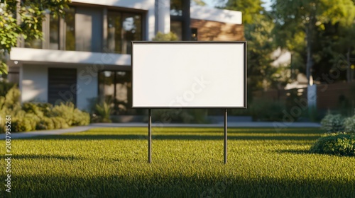 Blank yard sign stands in grassy yard in front of house. Mockup for real estate advertising signage. Empty space ready for design. Modern style, perfect for design templates. Outdoor scene, perfect