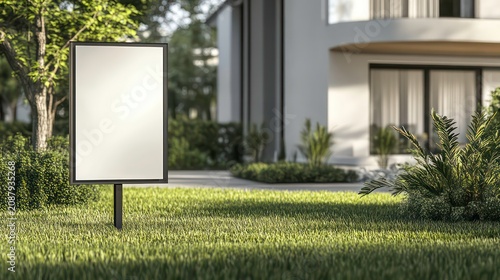 Blank yard sign stands in grassy yard in front of house. Mockup for real estate advertising signage. Empty space ready for design. Modern style, perfect for design templates. Outdoor scene, perfect