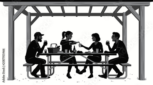 Black and white picnic, outdoor dining, people sitting, social gathering, vector illustration
