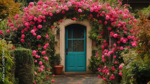 Charming house entrance hidden behind beautiful rose trellis. Rich pink roses cascade over archway creating secret garden entrance. Classic house with teal door visible through archway.