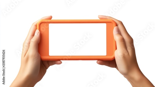 Close-up shot of hands holding horizontal mobile phone mockup. Phone orange frame, blank screen. Person holds device horizontally. Device isolated on white background. Template for mobile app design.