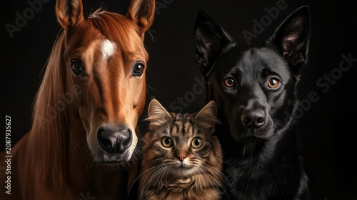 Close up portrait of horse dog, cat. Animals look at camera. Pets together in studio shot against dark background. Seem friendly, cute. Possible themes for image family pet animal friends