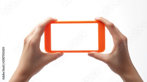 Close-up shot of hands holding horizontal mobile phone mockup. Phone orange frame, blank screen. Person holds device horizontally. Device isolated on white background. Template for mobile app design.