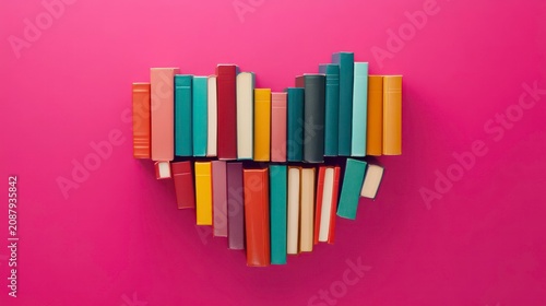 Colorful hardcover books arranged in heart shape on vibrant pink background. Love story-themed image represents passion for reading, literature. Arrangement romance, joy of discovering stories.