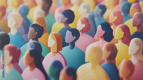 Colorful paper cutouts of diverse people stand together in large group. Concept of unity, togetherness in community. Diverse audience teamwork, social gathering. People of different ethnicities, body