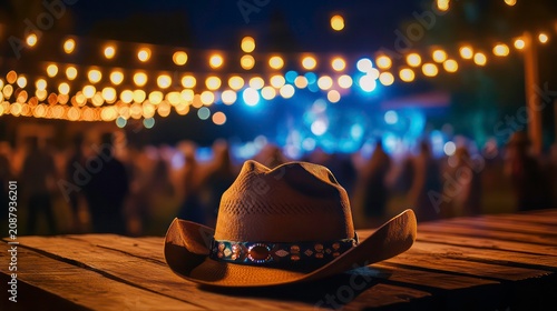 Cowboy hat rests on wooden surface. Crowd enjoys country music concert. Stage lights create warm ambiance. Festival atmosphere. Outdoor concert venue. Audience enjoys live music. Nighttime event.
