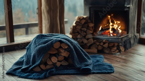 Cozy fireplace in rustic hut. Warm fire with logs burning. Stack of firewood beside blue blanket on wooden floor. Relaxing home interior scene. Rustic cabin ambience. Perfect for winter.