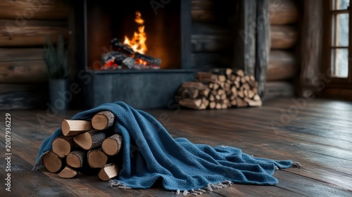 Cozy fireplace in rustic hut. Warm fire with logs burning. Stack of firewood beside blue blanket on wooden floor. Relaxing home interior scene. Rustic cabin ambience. Perfect for winter.