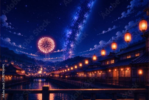 Anime Style Japanese Festival Town at Night Beneath the Milky Way