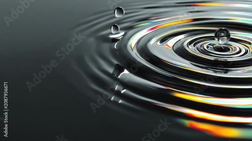 Close-up of water droplets creating ripples on a dark surface, reflecting vibrant colors, showcasing the beauty of liquid dynamics and natural patterns in motion