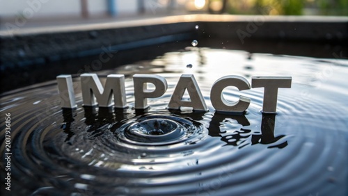Water Droplet Creating Ripples Around 3D Letters Spelling Impact in Fountain Reflecting Nature's Serene Beauty