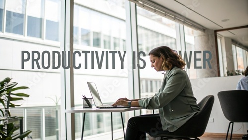 Woman Working at Laptop in Modern Office Space with Inspirational Quote on the Wall Promoting Productivity and Focus