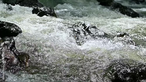 Rushing river with white foam splashing over wet stones. Natural fresh stream background. Fast flowing water crashing over rocks in slow motion. 