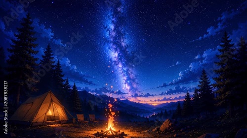 Anime Style Camping Under the Milky Way with Campfire at Night
