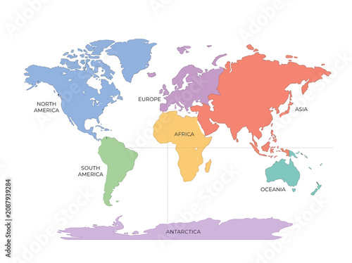 Foto Colorful world map with labeled continents and global regions