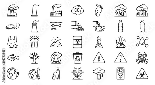 Cuadro en lienzo Pollution Editable Stroke Outline Icons Set with Air Water Waste Climate and Env