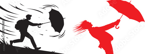 Vector silhouettes of people with umbrellas struggling against strong wind and storm for weather and resilience themes