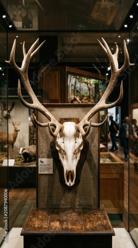 Antlered animal skull display inside museum wildlife exhibition front view