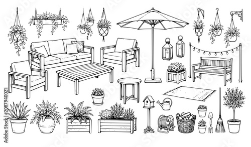 Garden and Patio Outdoor Furniture Sketch Set with Wooden Sofa Umbrella Potted Plants Backyard Decor and Gardening Tools for Landscape Design Projects