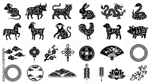 Photography :
Monochrome Chinese Zodiac Vector Set with Lunar New Year Animals and Tradition