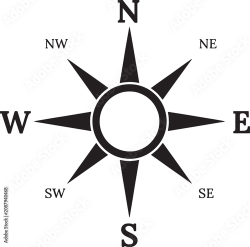 Fotografie Compass rose icon isolated on white background depicting navigation tool used for orientation and travel direction finding