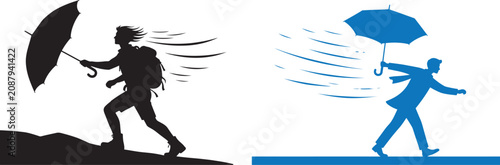 Bild auf Leinwand Silhouettes of people walking against strong wind with umbrellas vector illustra