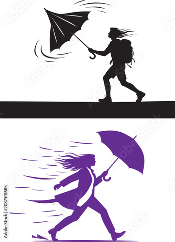 Silhouette of hiker and business person walking with umbrellas in strong wind vector illustration