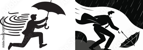 Businessman silhouette struggling against storm and wind with umbrella vector illustration for crisis management and resilience