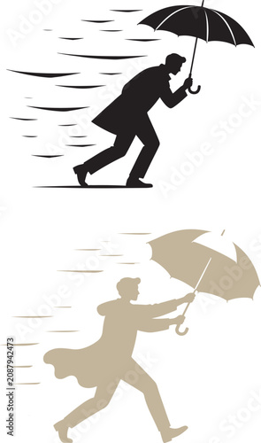 Man in coat holding umbrella walking against strong wind silhouette vector for weather protection and insurance concepts