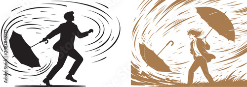 Silhouette and illustration of business people struggling against strong wind and storm with umbrellas for resilience and adversity concepts