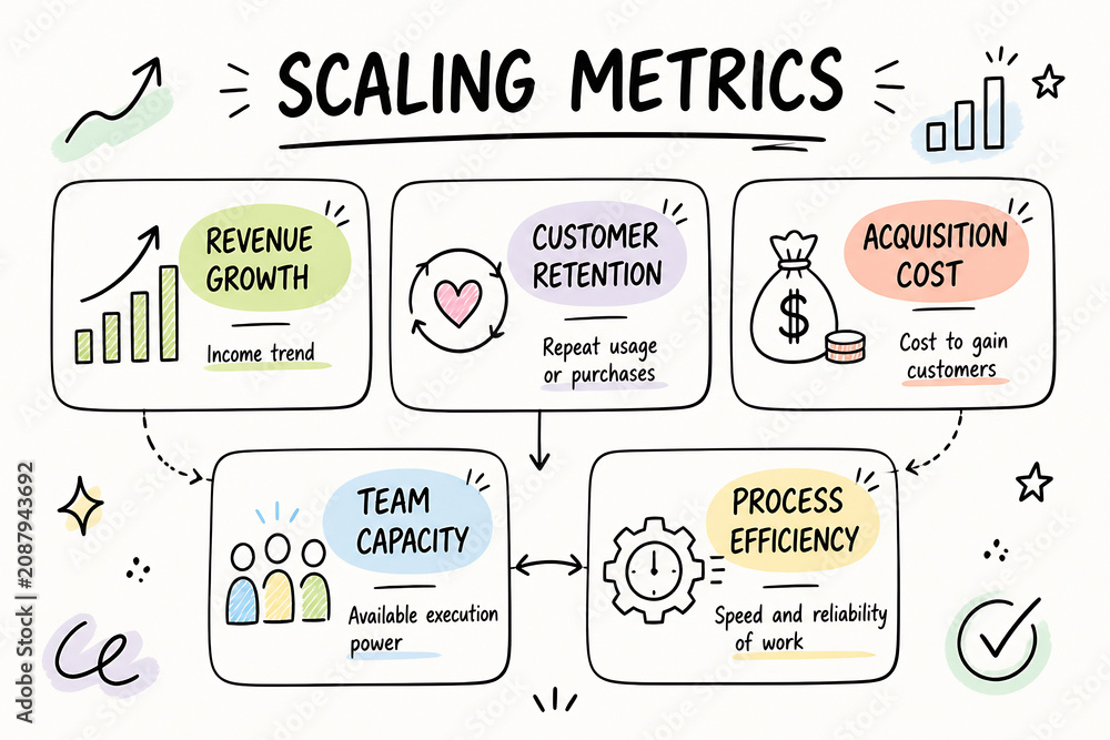 Naklejka premium A diagram illustrates key business metrics like revenue growth, customer retention, acquisition cost, team capacity, and process efficiency.