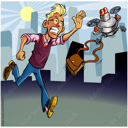 Panicked Man Running Through City As Drone Steals His Messenger Bag In Comical Urban Chase