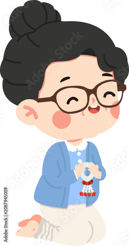 Elderly Woman Kneeling with Flower Garland