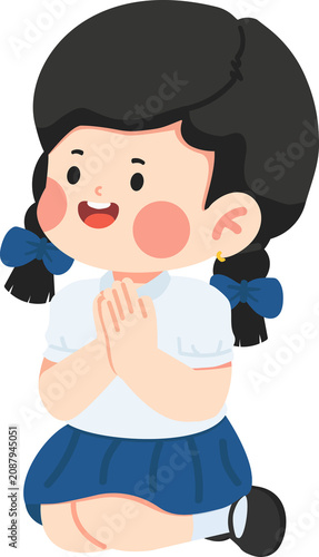 School Girl Praying in Traditional Thai Pose