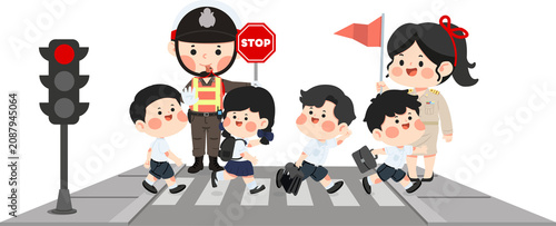 Children Crossing Road With Teacher and Traffic Officer