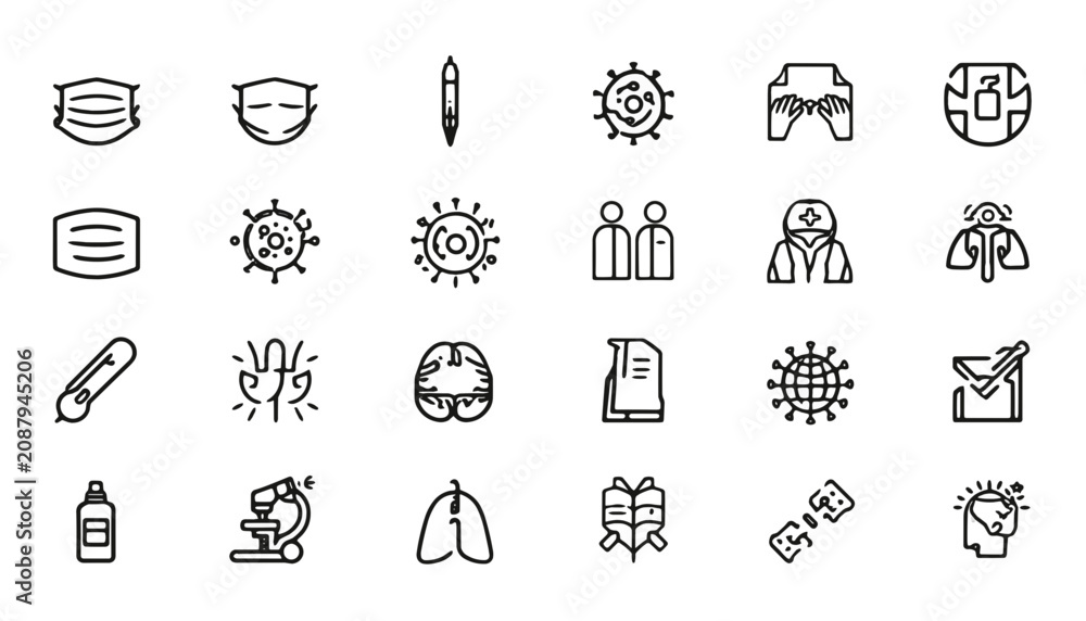 Fototapeta premium vector line icon set of pandemic prevention and virus protection, including face mask,