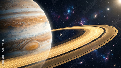 Tiny astronaut floating above a massive planetary ring system in deep space