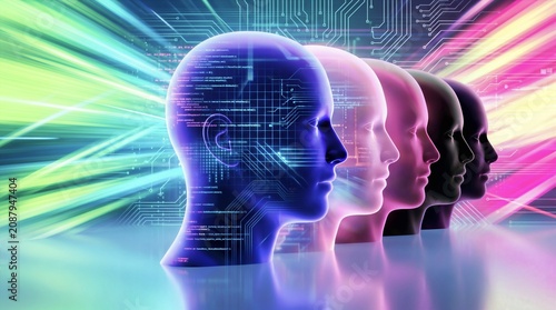 Artificial intelligence human head silhouettes with digital circuit brains and colorful light streaks background