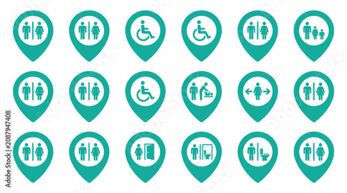Teal map pin icon set featuring public restroom symbols, wheelchair accessibility signs, male and female figures, baby changing stations, and family bathroom location markers on white.