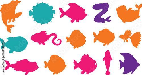 Foto Colorful Tropical Marine Animal Silhouette Collection Featuring Dolphin Whale Fi