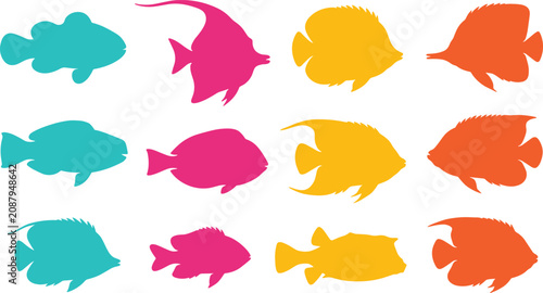Foto Colorful Tropical Fish Silhouette Collection Featuring Freshwater Aquarium Ornam