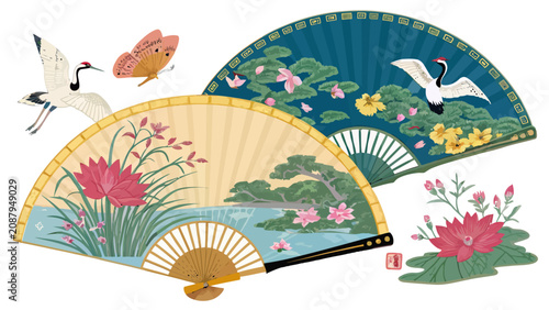 Vibrant hand painted oriental folding fans with floral and bird motifs in summer garden setting with decorative set three