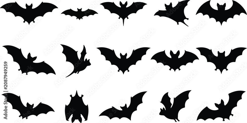 Fototapeta premium Decorative Halloween Bat Silhouette Collection Flying Hanging and Ornamental Bat Vector Bundle